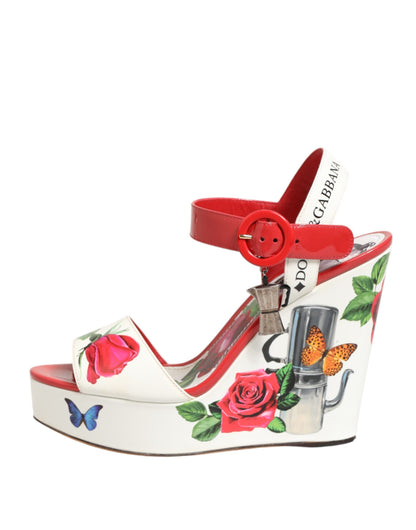 Dolce & Gabbana White Floral Ankle Strap Wedge Sandals Shoes