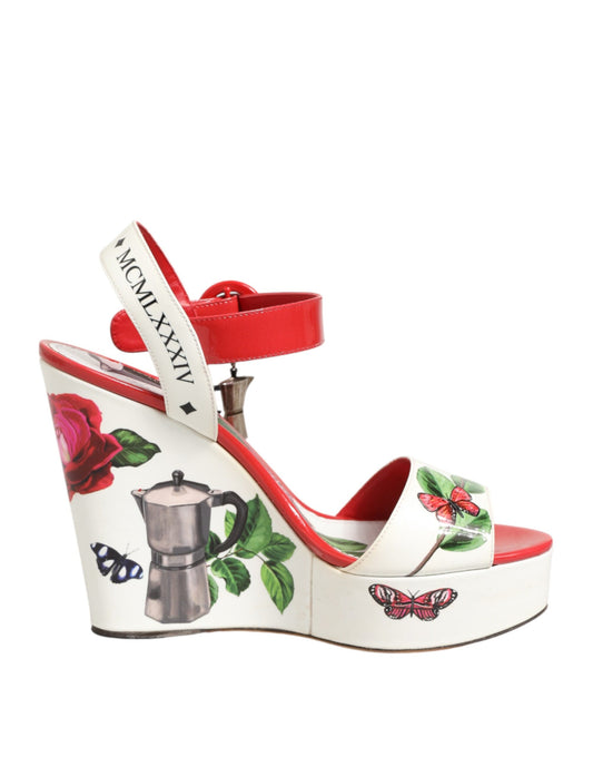 Dolce & Gabbana White Floral Ankle Strap Wedge Sandals Shoes
