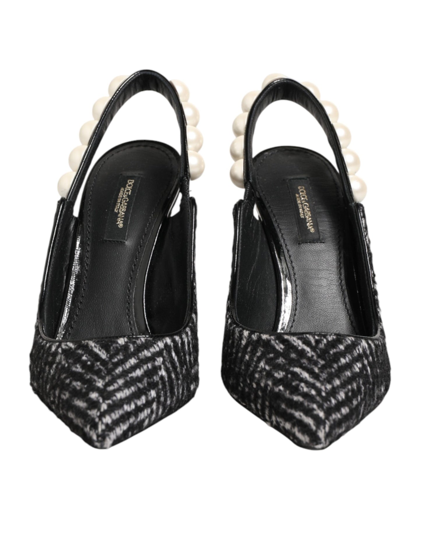 Dolce & Gabbana White Black Chevron Faux Pearl Slingbacks Shoes