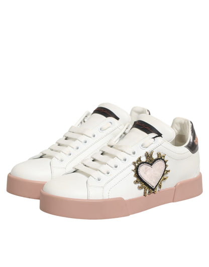Dolce & Gabbana White Leather Sacred Heart Sneakers
