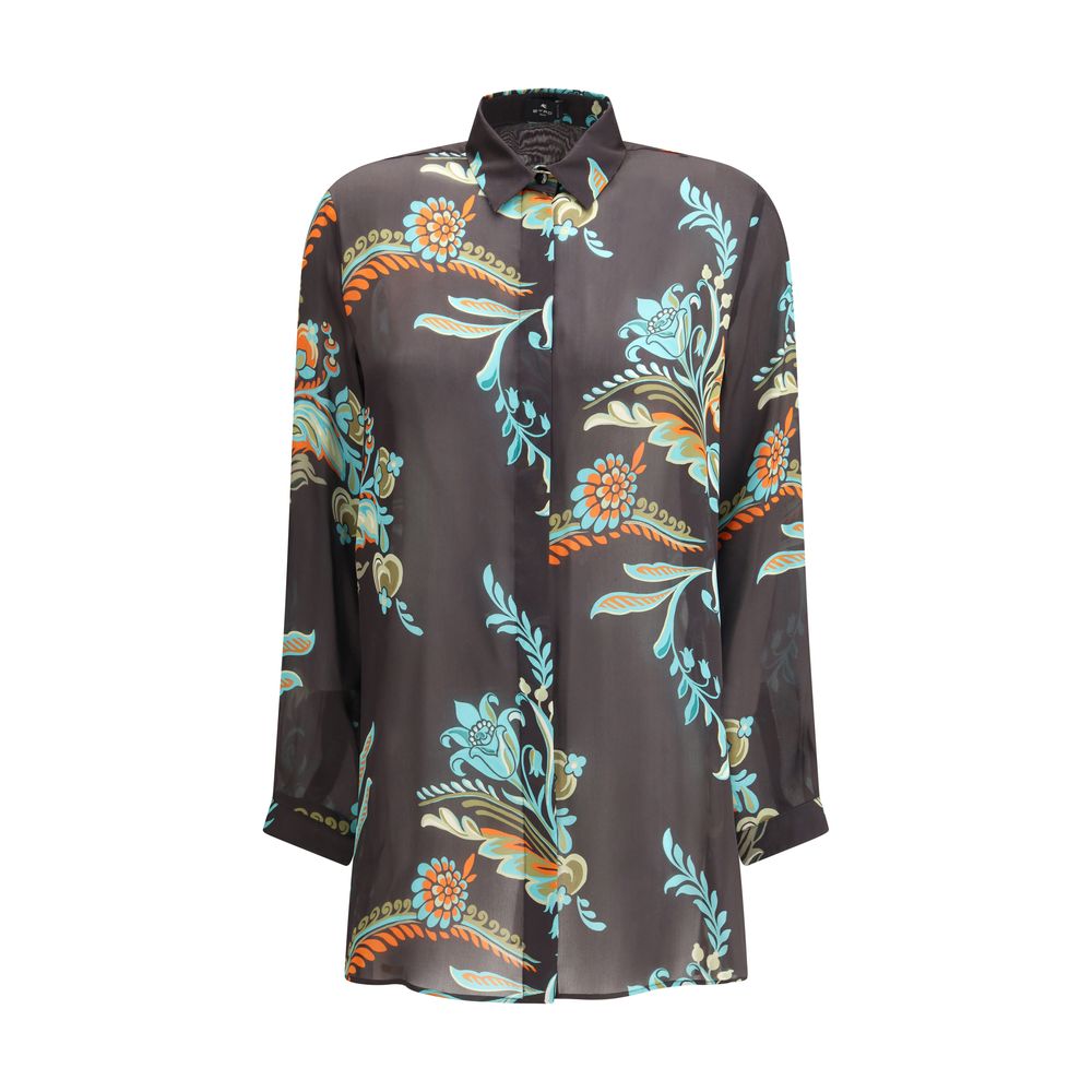 Etro Long Narcissus Print Silk Shirt