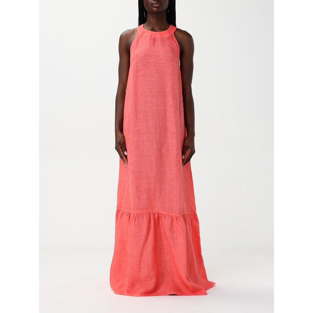 120% Lino Coral Orange Linen Casual Maxi Dress