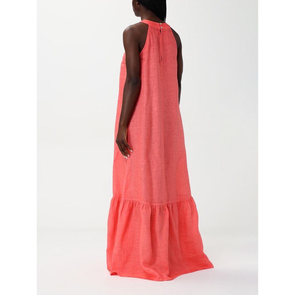 120% Lino Coral Orange Linen Casual Maxi Dress