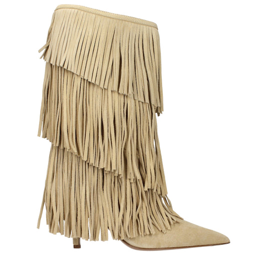 Paris Texas Beige Leather Flat Boots with Fringes