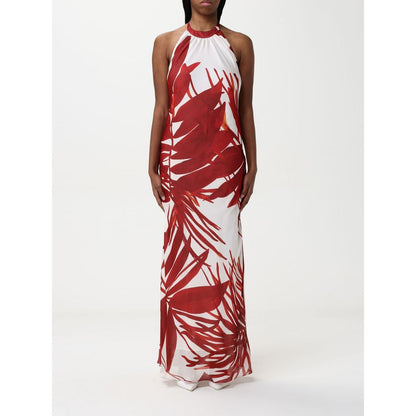 Hanita Red & White Silk Maxi Halterneck Dress