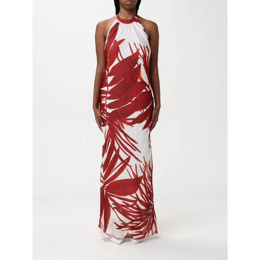 Hanita Red & White Silk Maxi Halterneck Dress