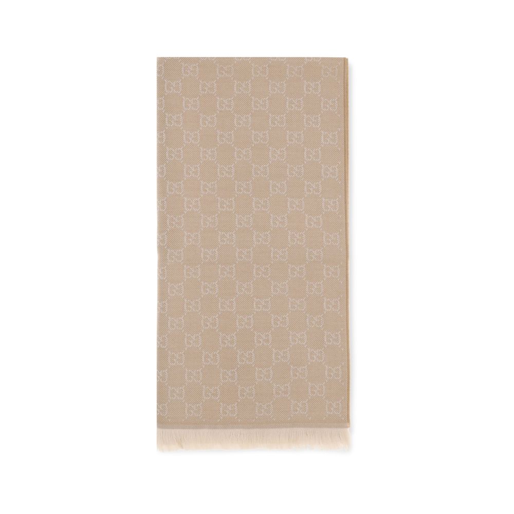 Gucci Beige Wool Scarf - GG Supreme Embroidered Luxury Accessory
