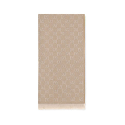 Gucci Beige Wool Scarf - GG Supreme Embroidered Luxury Accessory