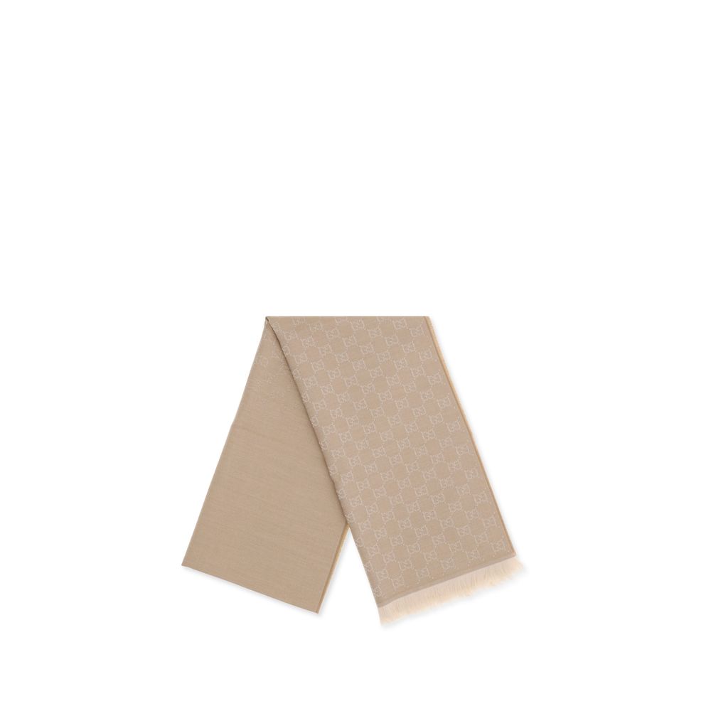 Gucci Beige Wool Scarf - GG Supreme Embroidered Luxury Accessory