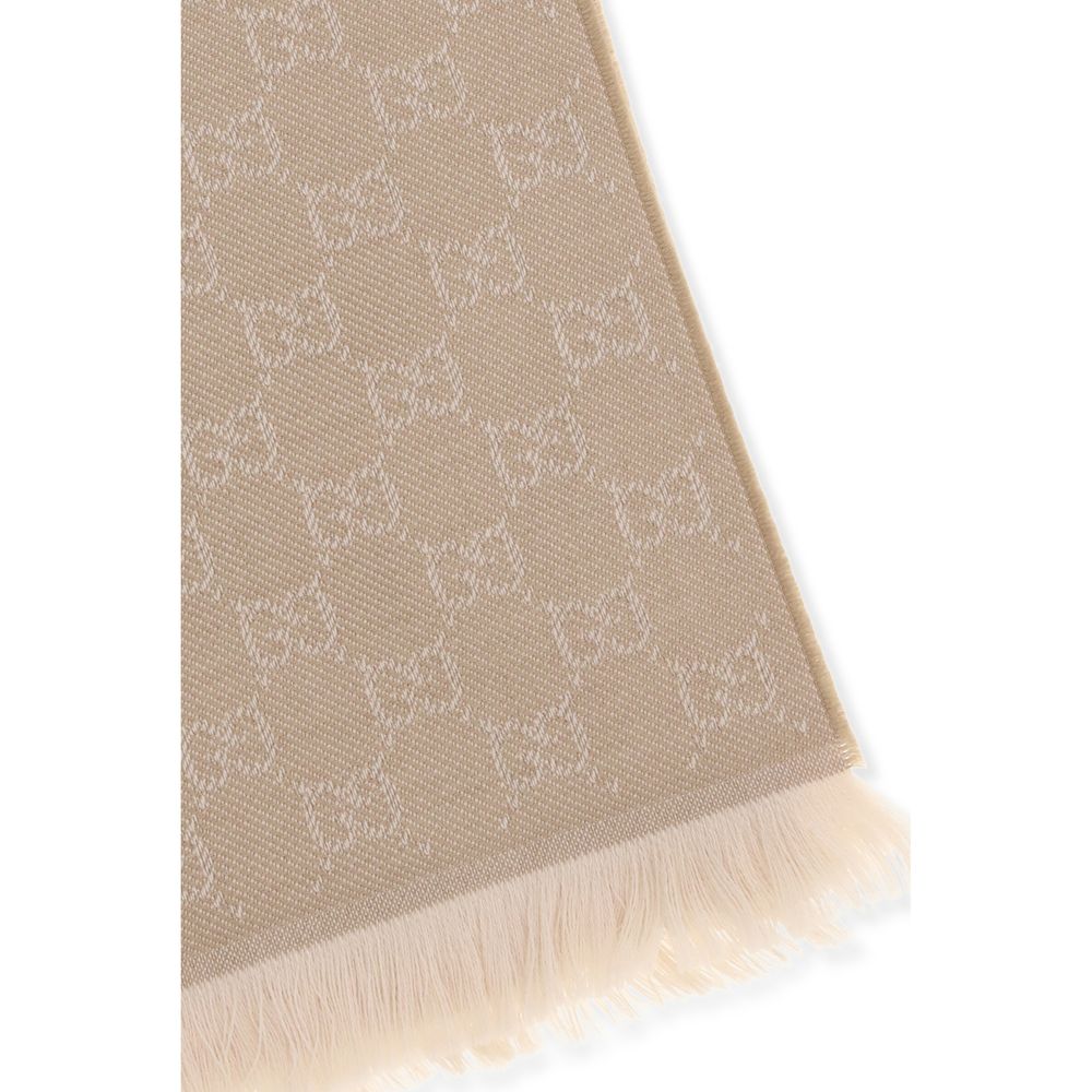 Gucci Beige Wool Scarf - GG Supreme Embroidered Luxury Accessory