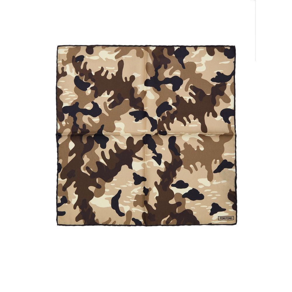 Tom Ford Beige Camouflage Print Silk Pocket Square