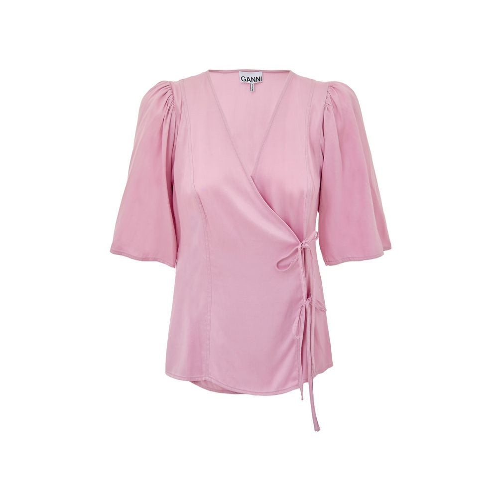 Ganni Pink Satin Crossover Top