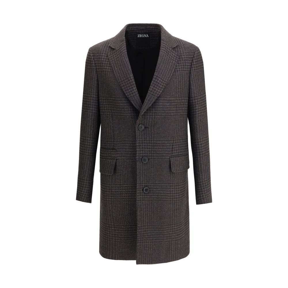 Zegna Brown Wool Coat - Prince of Wales Check Elegance