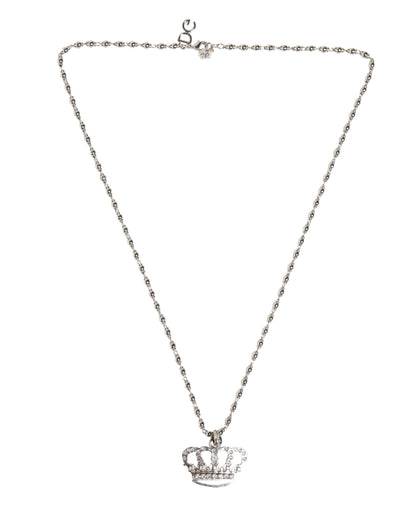 Dolce & Gabbana Silver Tone Brass Chain Crown Crystal Pendant Necklace