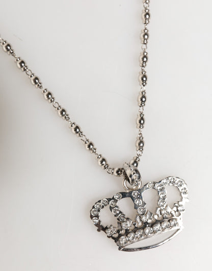 Dolce & Gabbana Silver Tone Brass Chain Crown Crystal Pendant Necklace