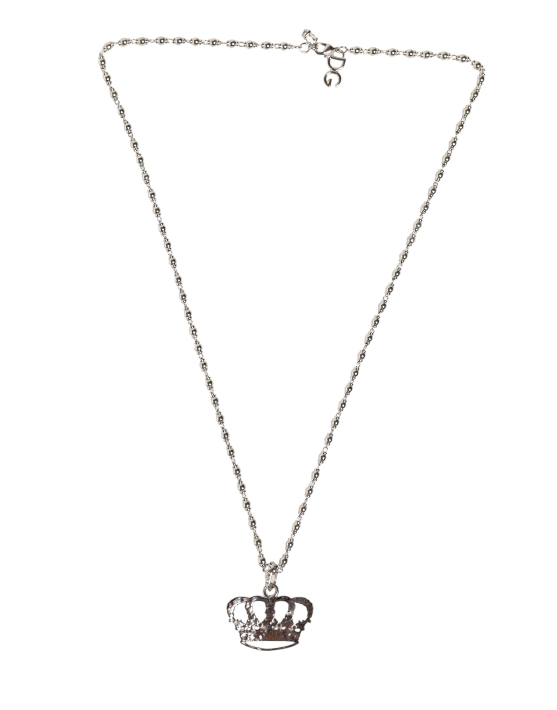 Dolce & Gabbana Silver Tone Brass Chain Crown Crystal Pendant Necklace