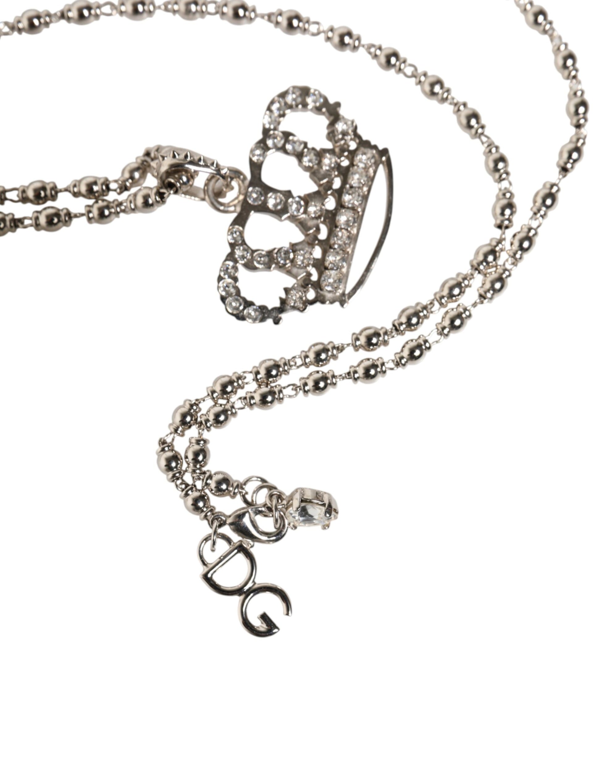 Dolce & Gabbana Silver Tone Brass Chain Crown Crystal Pendant Necklace