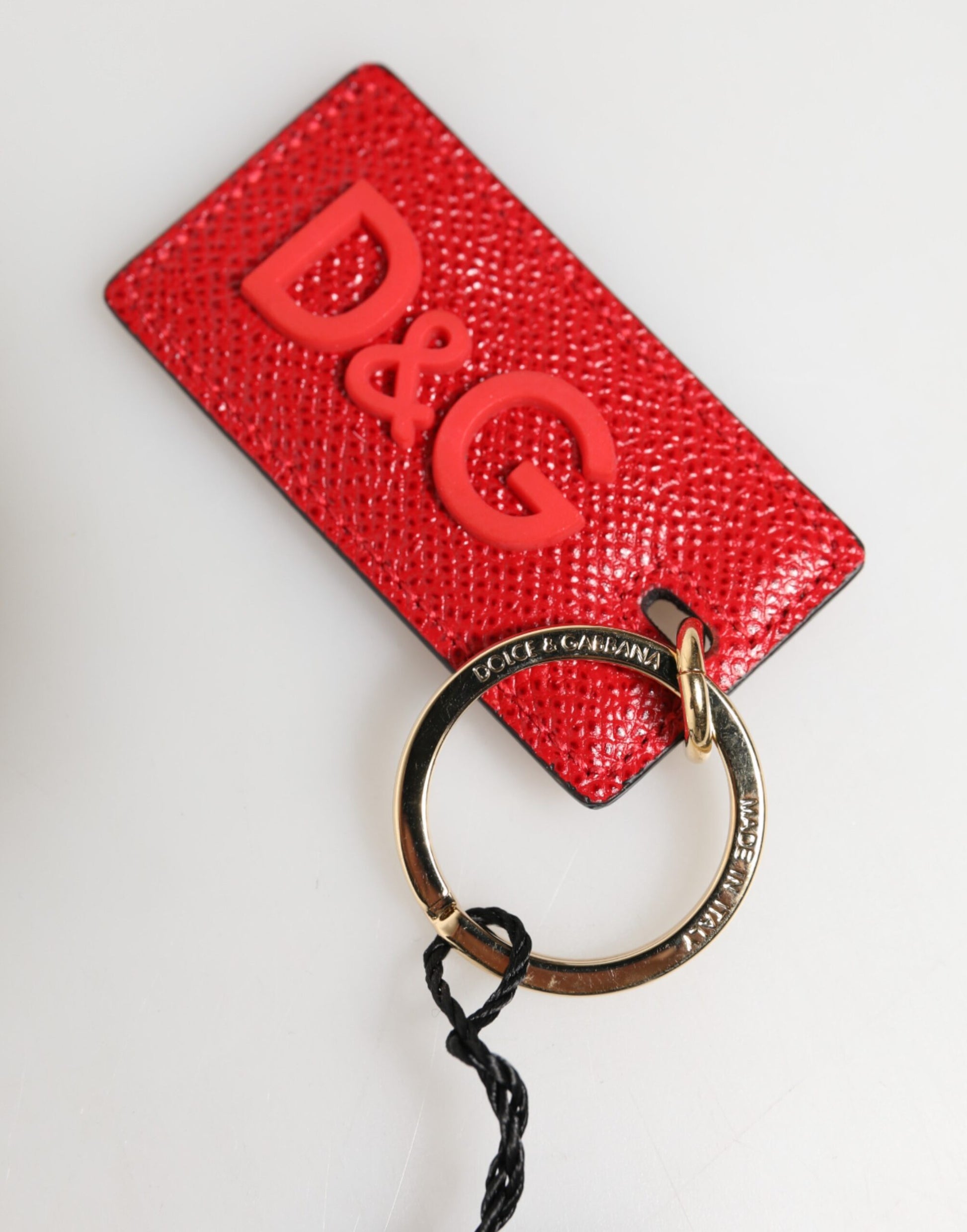 Dolce & Gabbana Red Calf Leather D&G Logo Metal Ring Keychain