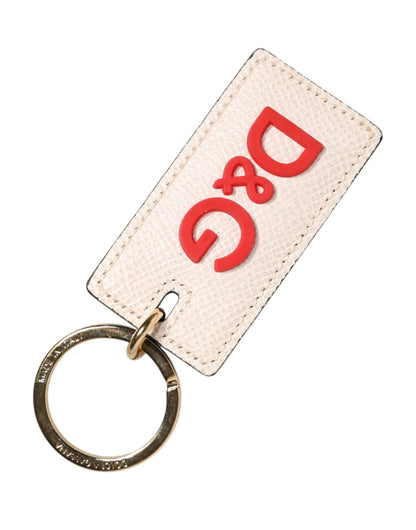 Dolce & Gabbana White Calf Leather D&G Logo Metal Ring Keychain