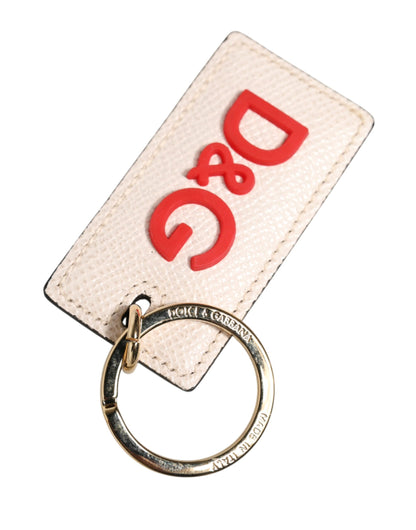Dolce & Gabbana White Calf Leather D&G Logo Metal Ring Keychain