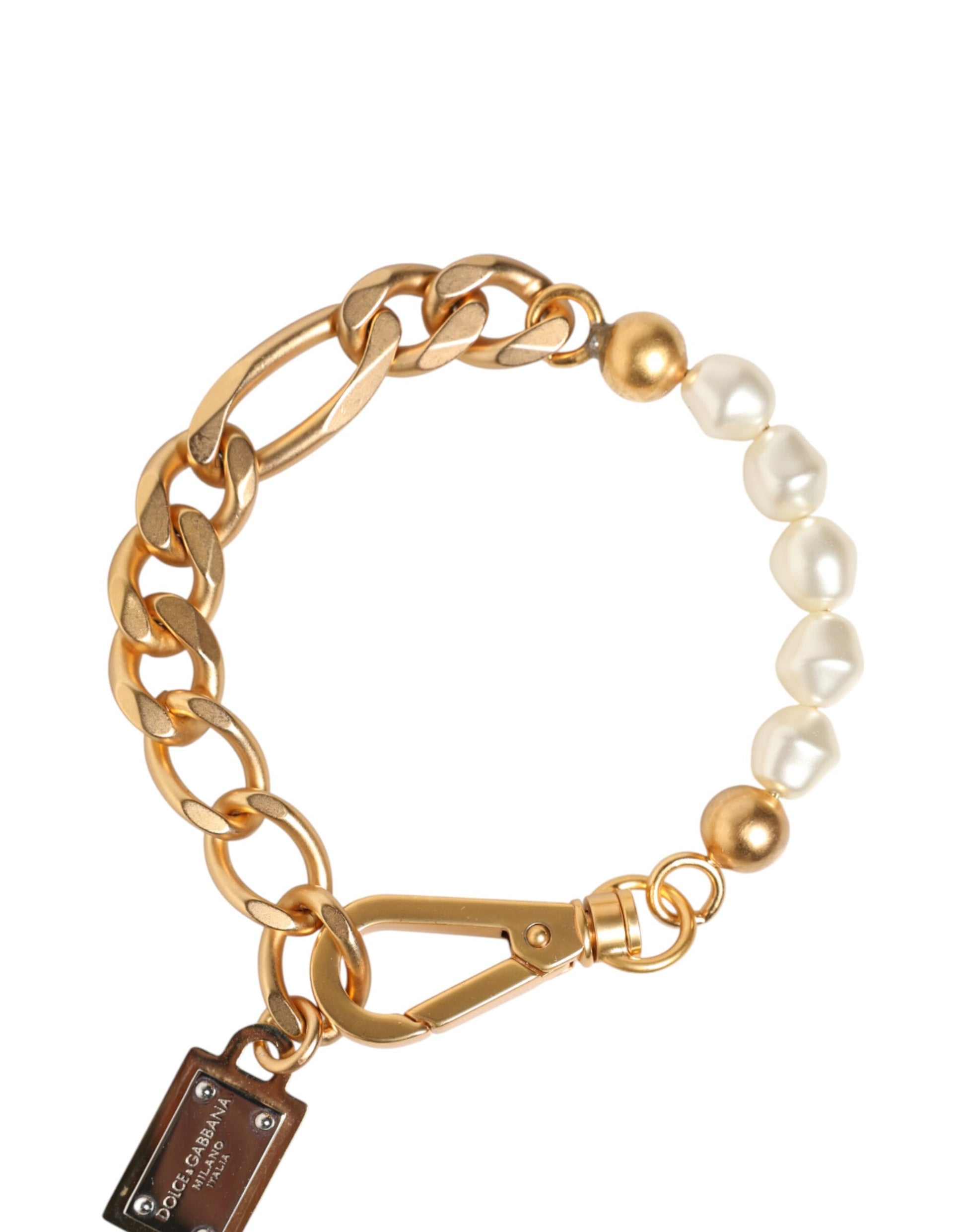 Dolce & Gabbana Gold Tone Brass Faux Pearl Logo Charm Bracelet