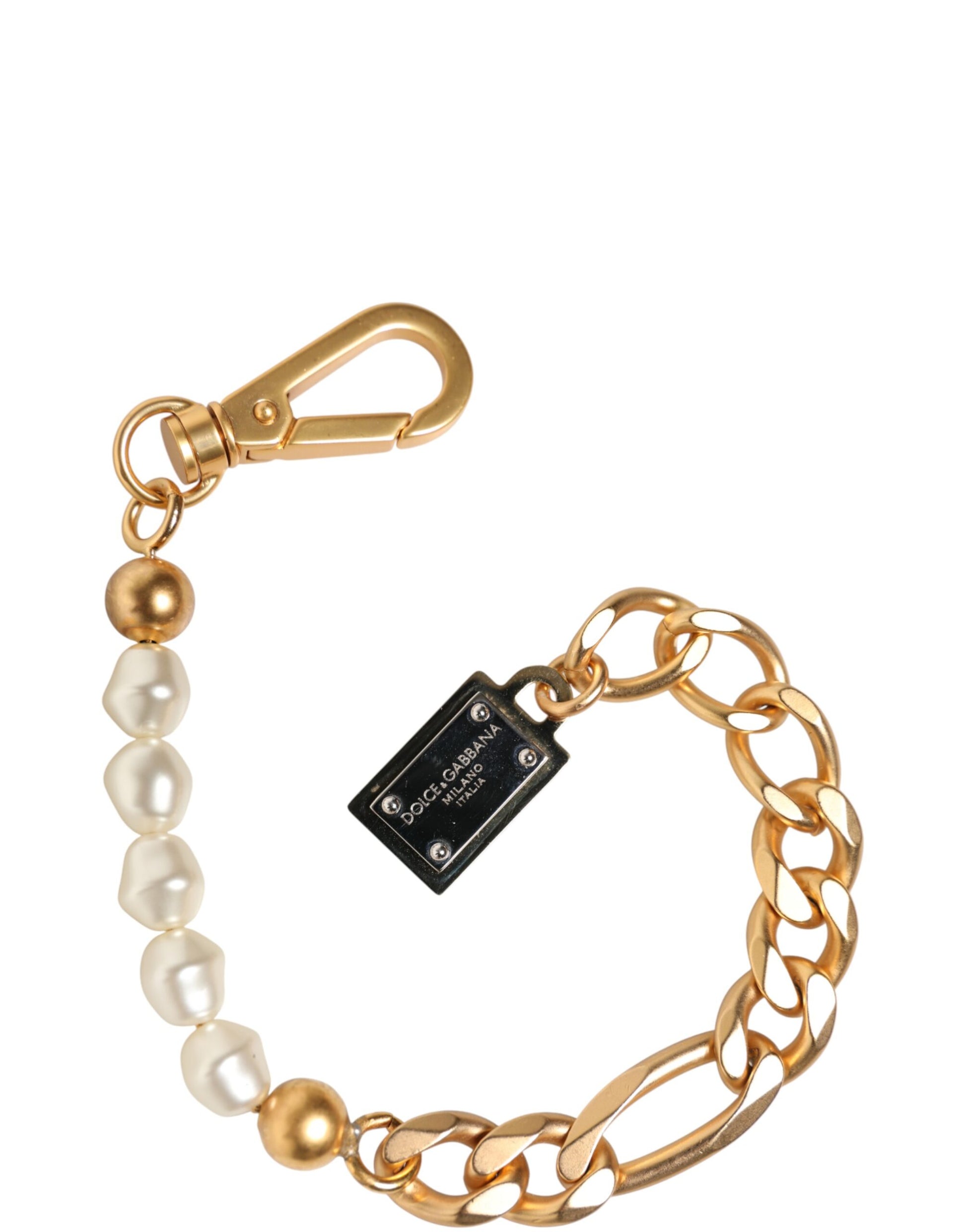 Dolce & Gabbana Gold Tone Brass Faux Pearl Logo Charm Bracelet