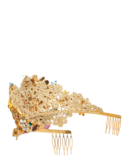 Dolce & Gabbana Gold Brass Crystal Floral Hortensia Crown Headband Tiara