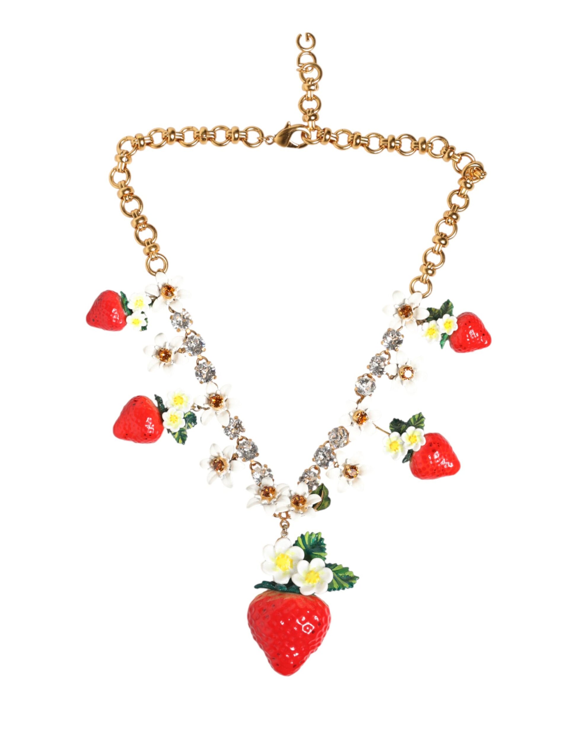 Dolce & Gabbana Gold Brass FRUIT Pendants Flowers Crystal Logo Necklace