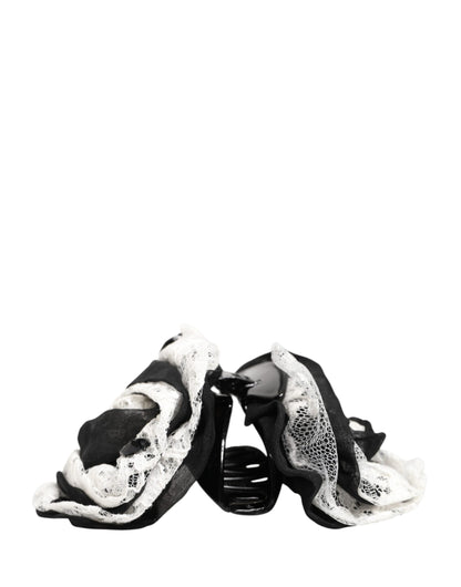 Dolce & Gabbana Black and White Silk Floral Lace Crystal Accessory Hair Claw