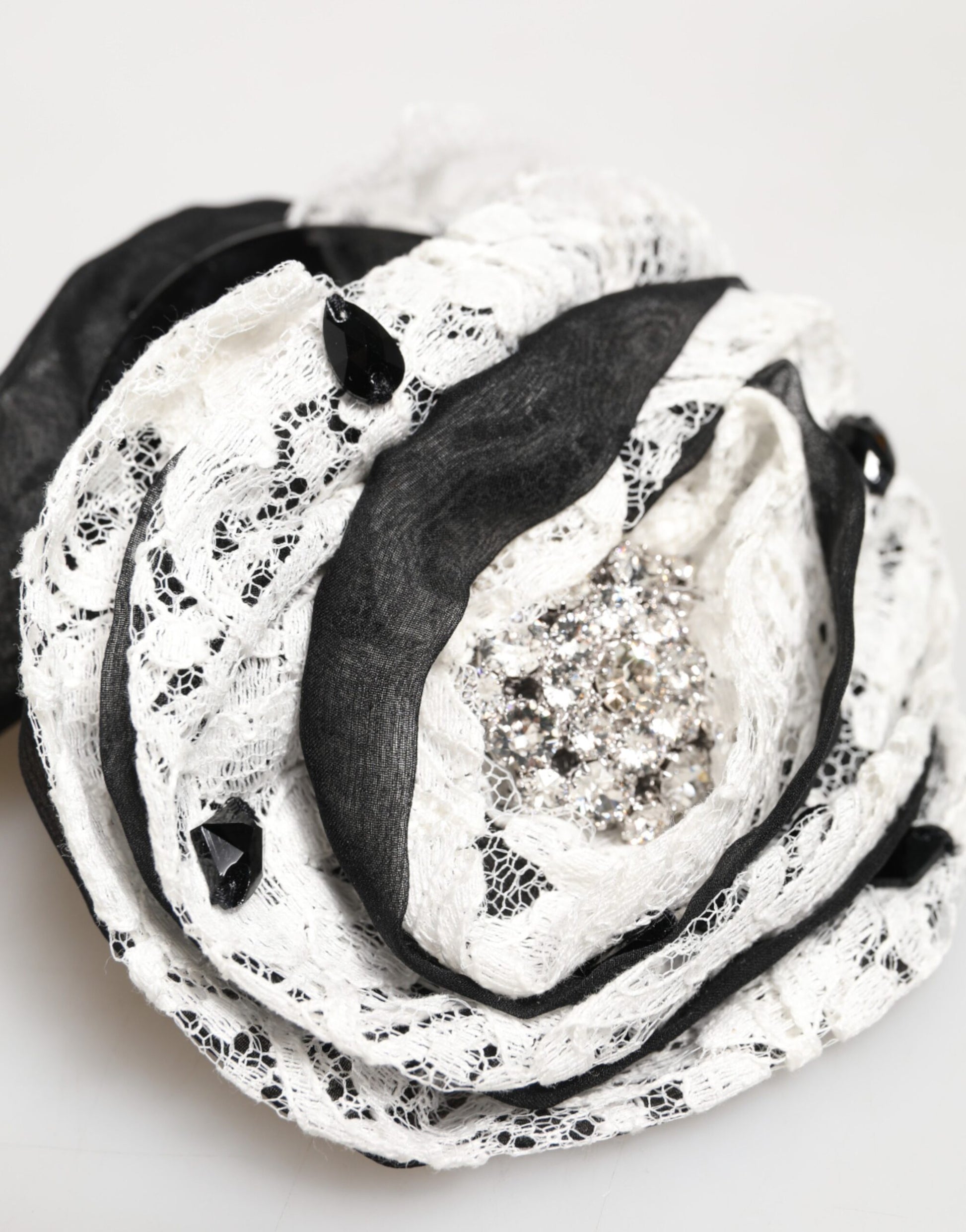 Dolce & Gabbana Black and White Silk Floral Lace Crystal Accessory Hair Claw