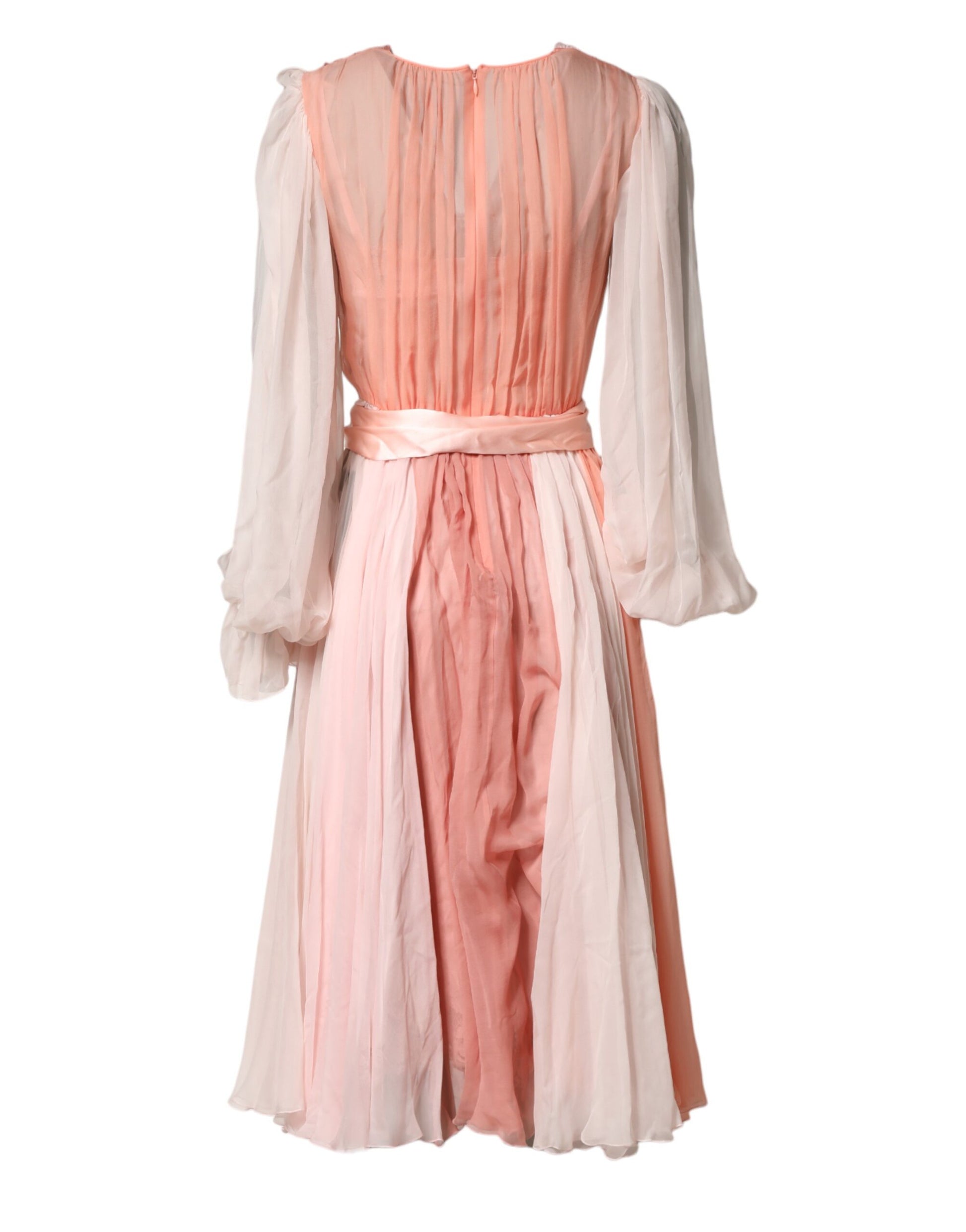 Dolce & Gabbana Pink Silk Tulle Long Sleeve V-neck Dress