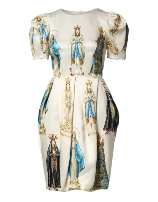 Dolce & Gabbana Beige Madonne Print Silk Short Sleeve Dress