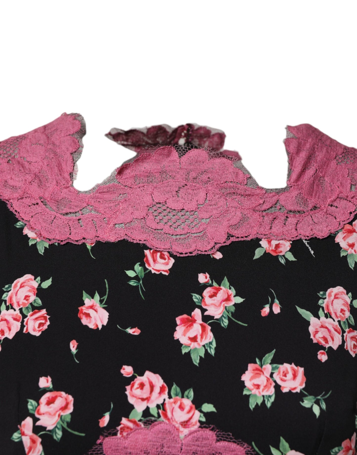 Dolce & Gabbana Black Pink Floral Lace Silk Sheath Dress