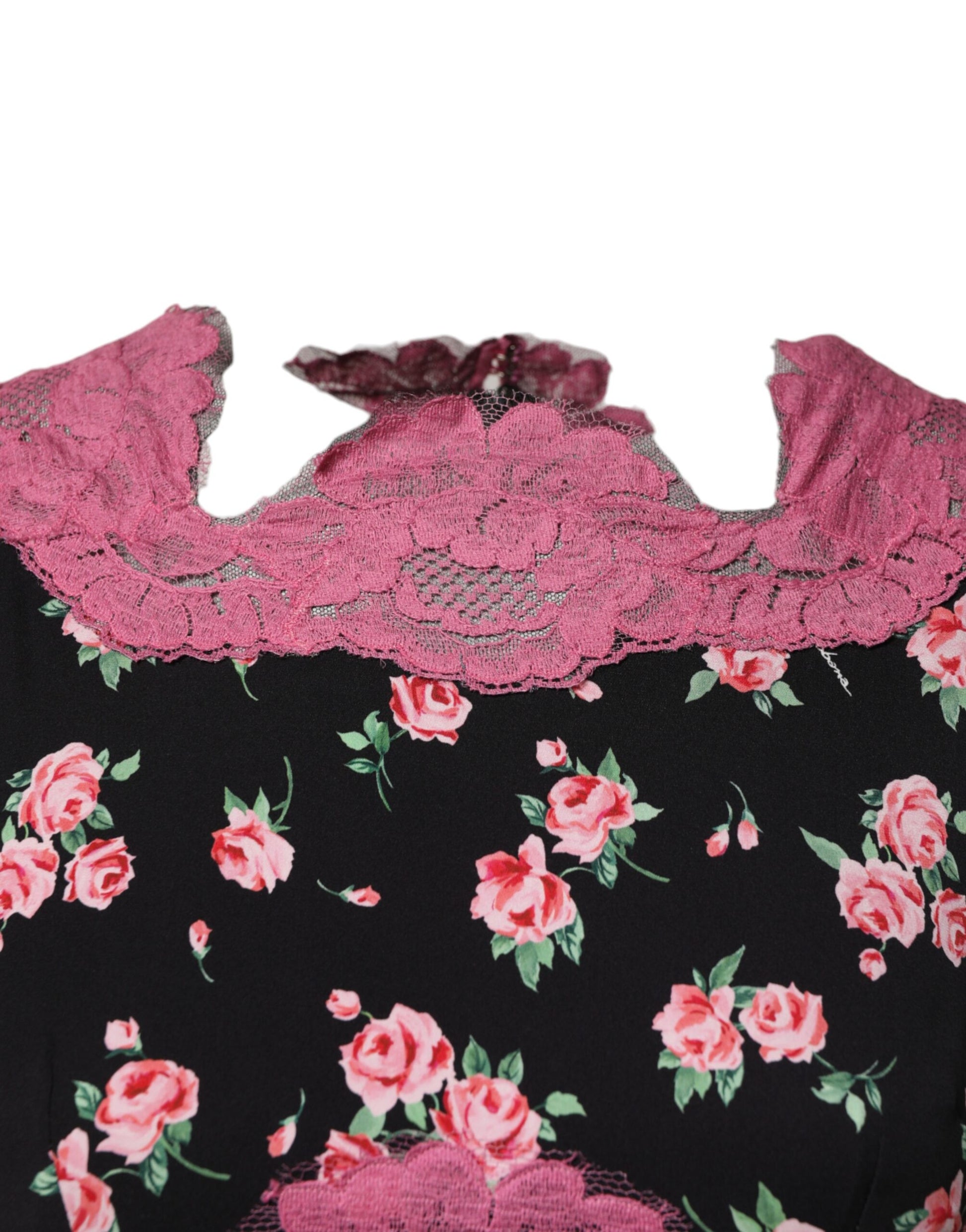 Dolce & Gabbana Black Pink Floral Lace Silk Sheath Dress