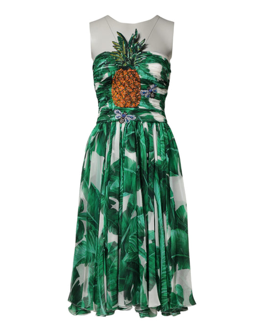 Dolce & Gabbana Green Pineapple Embellished Banana Leaf Dress