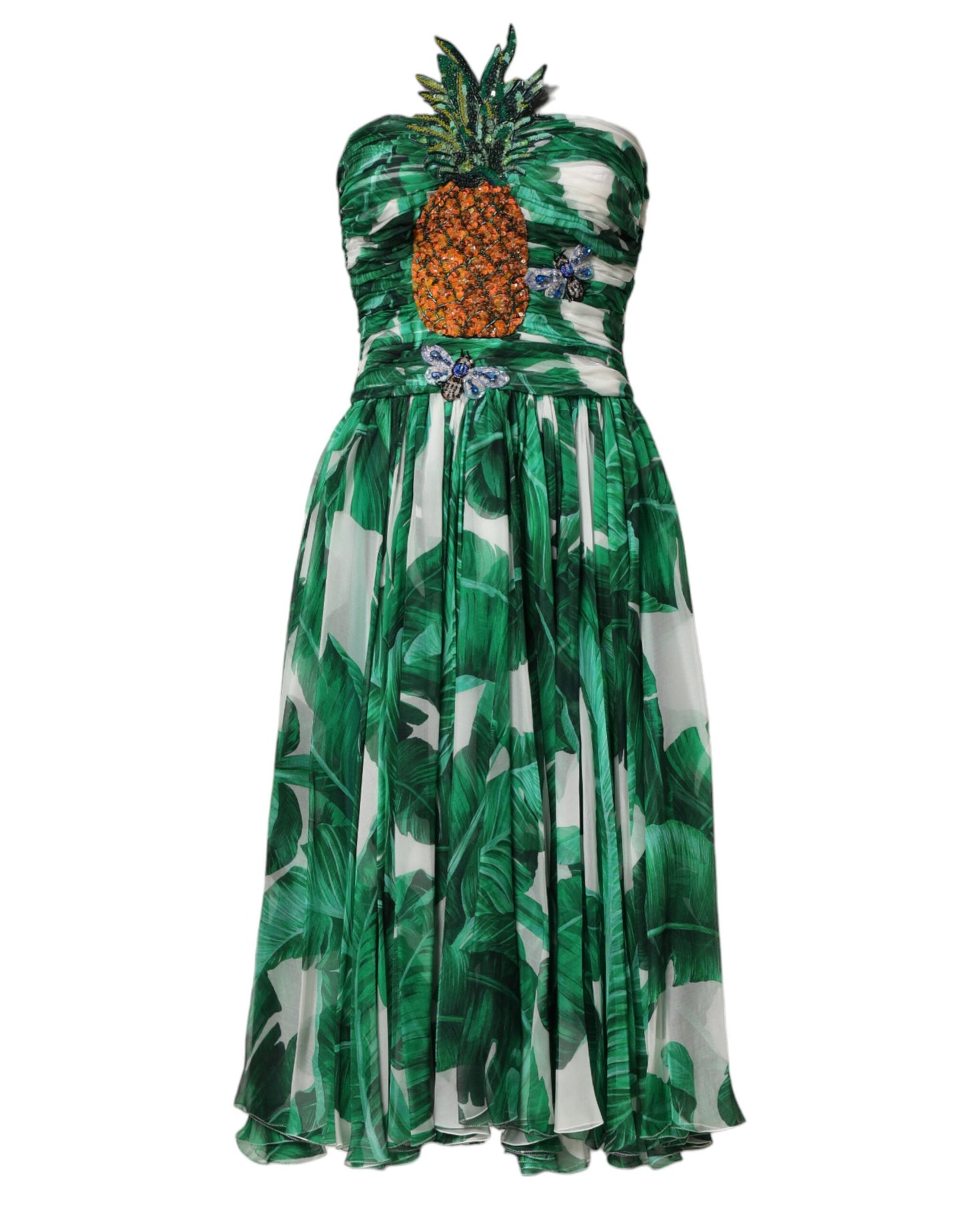 Dolce & Gabbana Green Pineapple Embellished Banana Leaf Dress