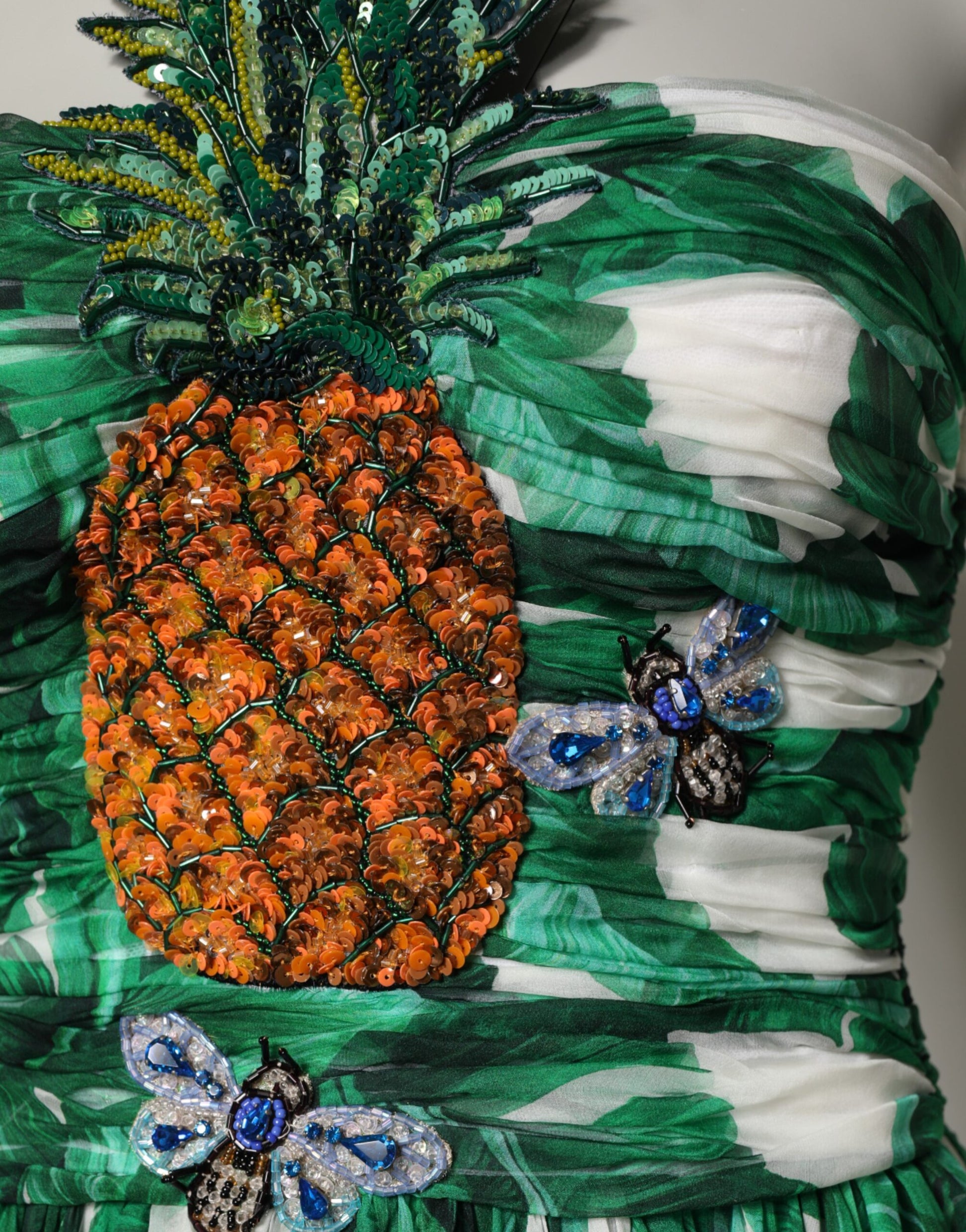Dolce & Gabbana Green Pineapple Embellished Banana Leaf Dress