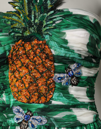 Dolce & Gabbana Green Pineapple Embellished Banana Leaf Dress