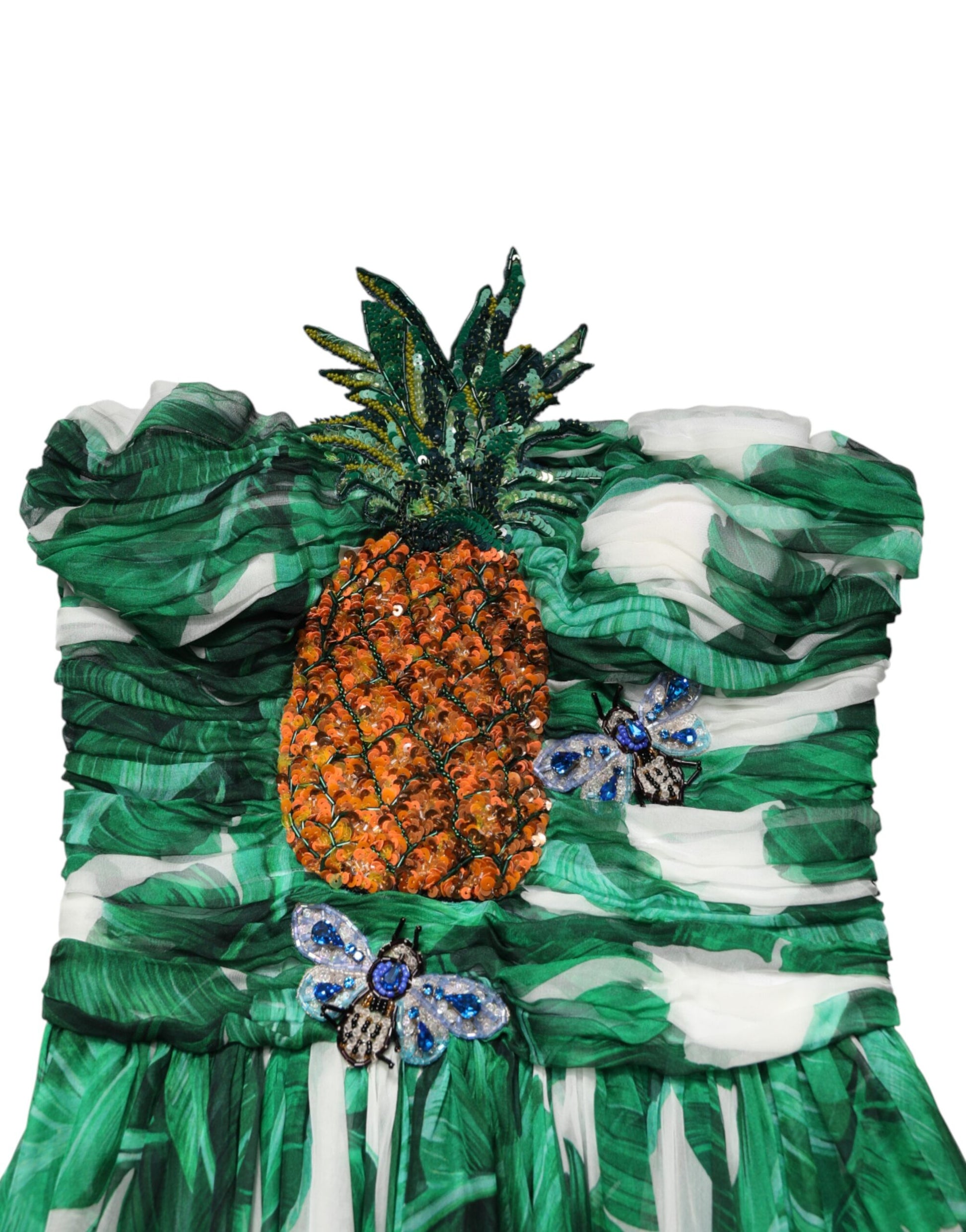 Dolce & Gabbana Green Pineapple Embellished Banana Leaf Dress