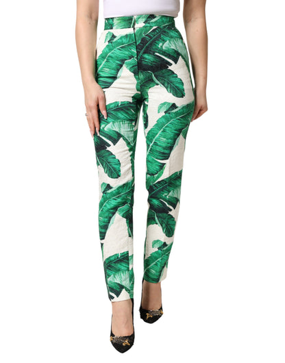 Dolce & Gabbana White Green Leaf High Waist Trousers