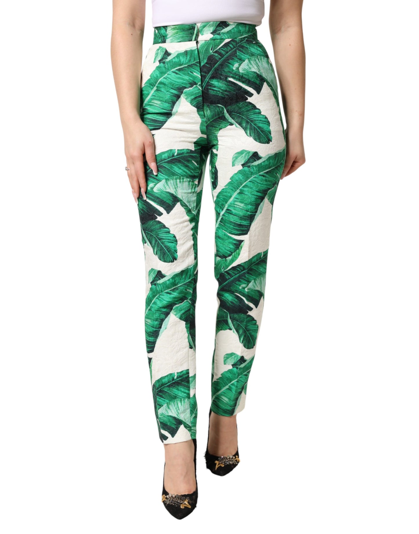 Dolce & Gabbana White Green Leaf High Waist Trousers