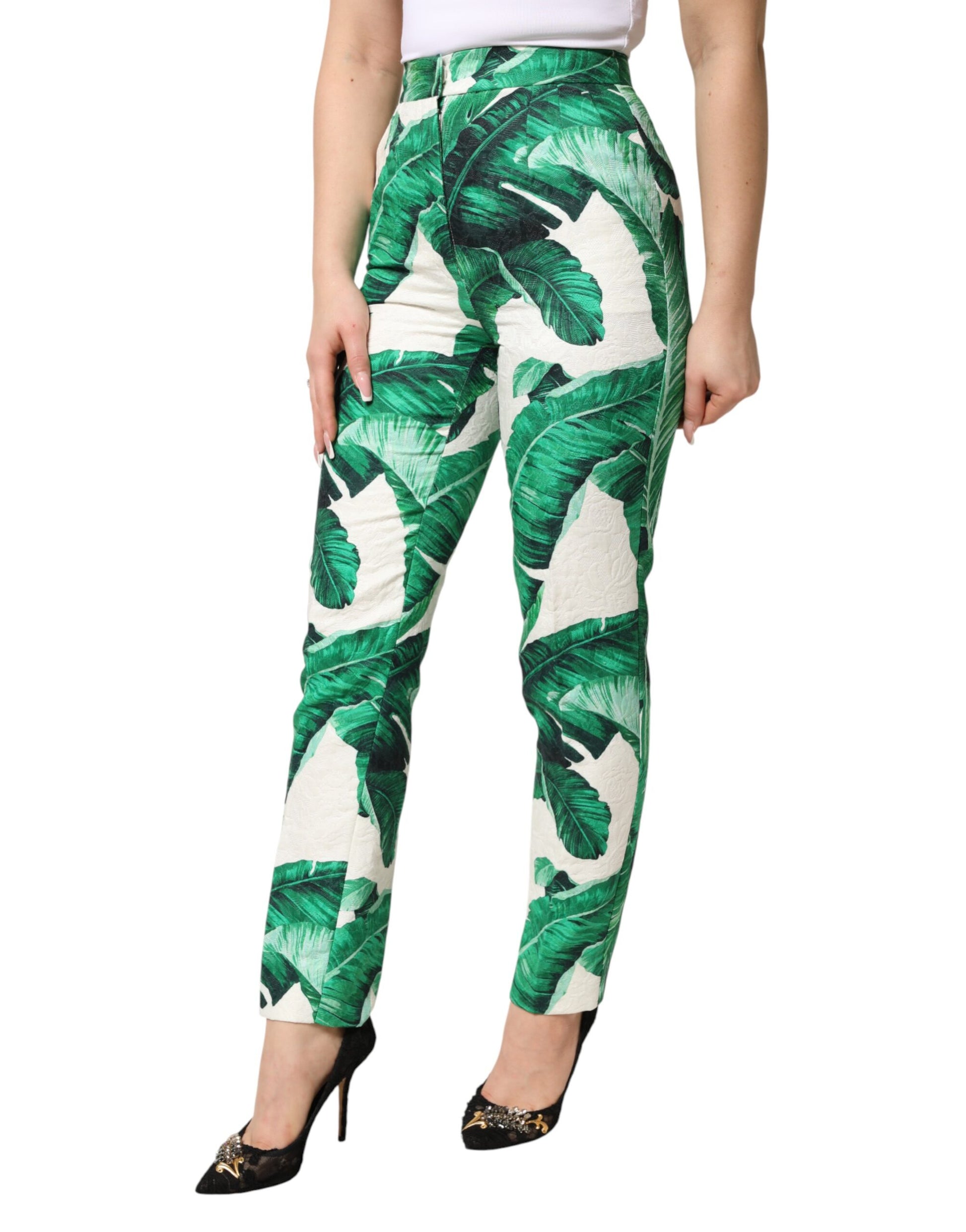 Dolce & Gabbana White Green Leaf High Waist Trousers