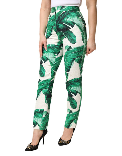Dolce & Gabbana White Green Leaf High Waist Trousers