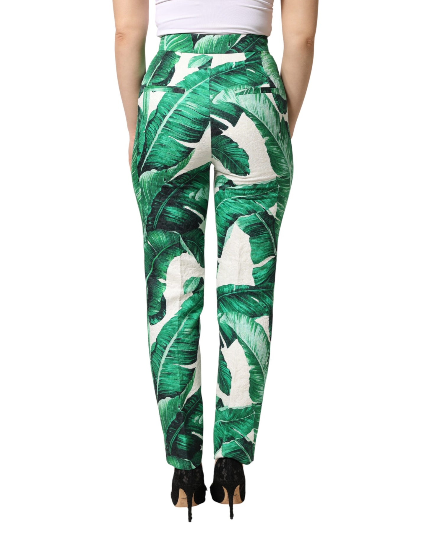 Dolce & Gabbana White Green Leaf High Waist Trousers