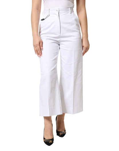 Dolce & Gabbana White Cotton High Waist Wide Leg Cropped Pants