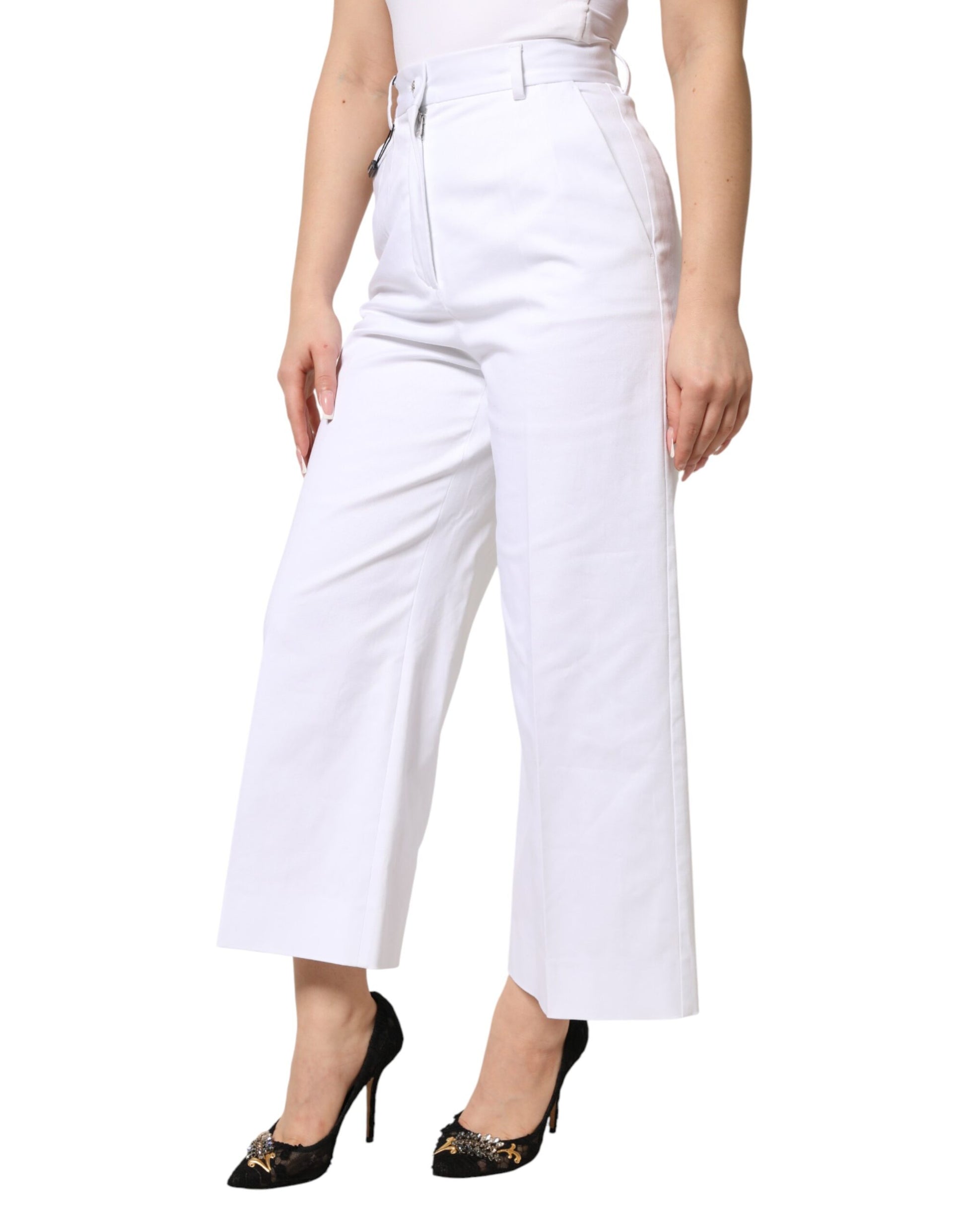 Dolce & Gabbana White Cotton High Waist Wide Leg Cropped Pants