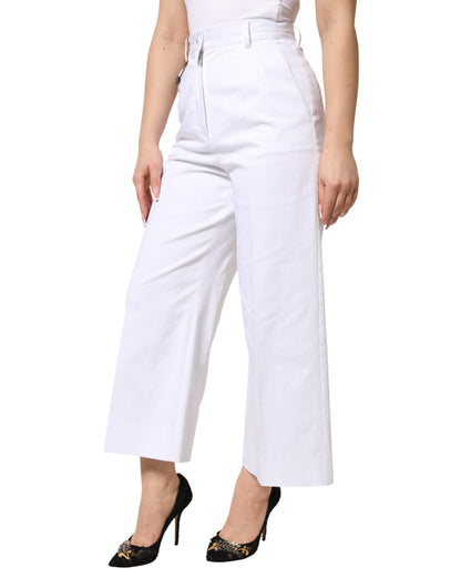 Dolce & Gabbana White Cotton High Waist Wide Leg Cropped Pants