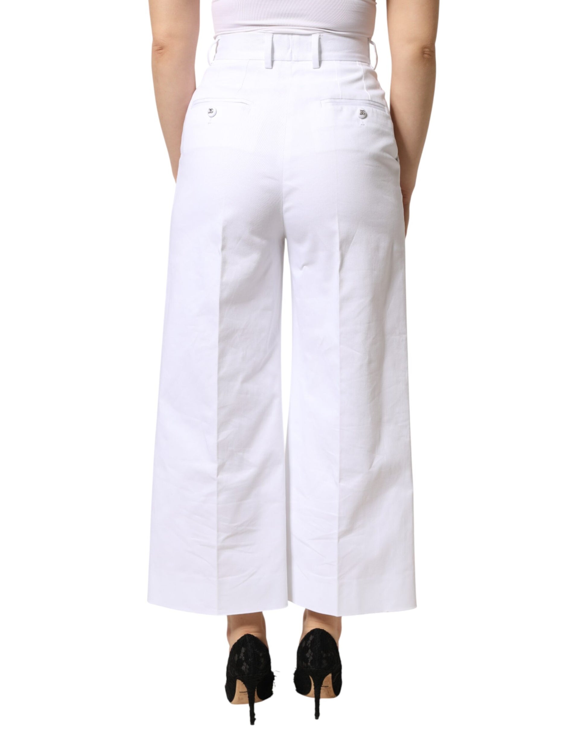 Dolce & Gabbana White Cotton High Waist Wide Leg Cropped Pants
