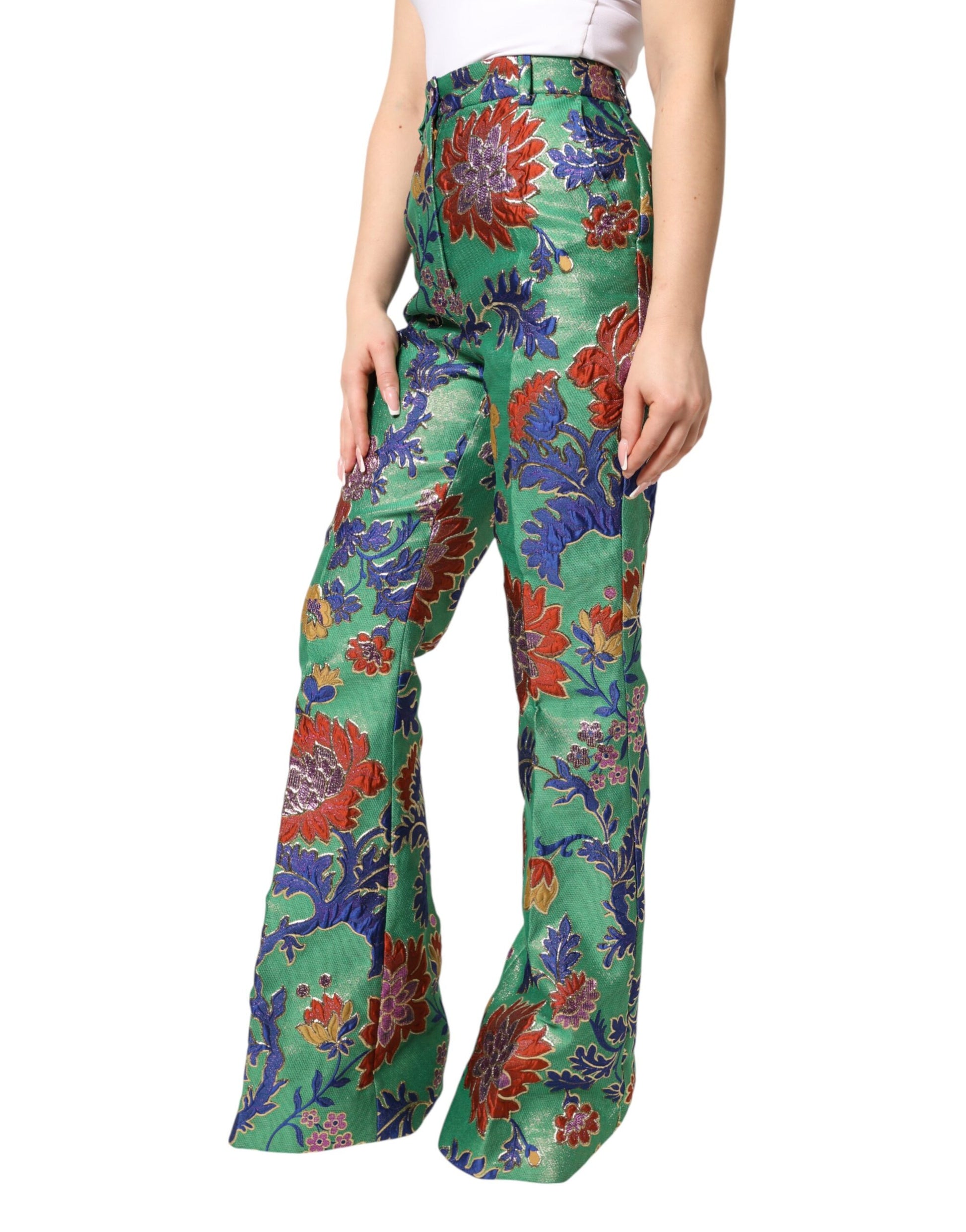 Dolce & Gabbana Green Floral Polyester BootCut Trouser Pants