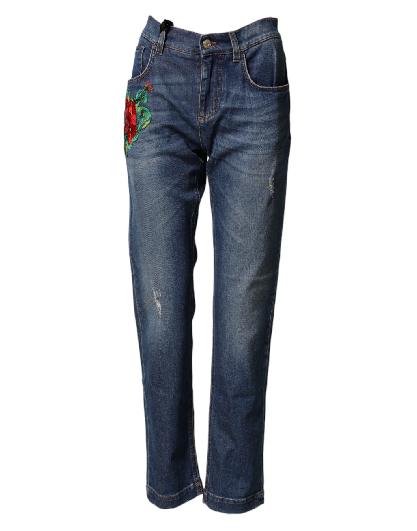Dolce & Gabbana Blue Floral Embroidered Boyfriend Denim Jeans